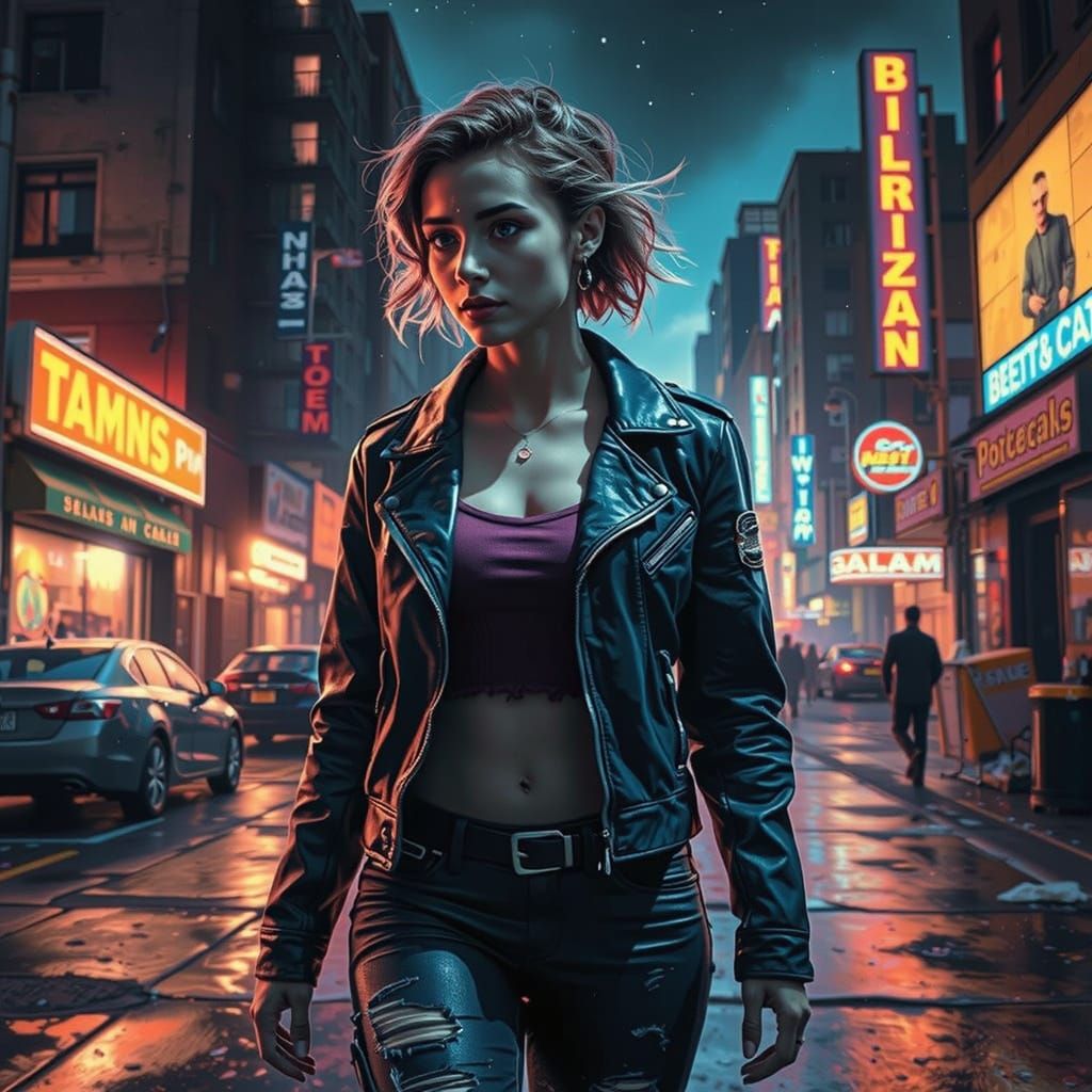 Trashpunk Girl in Dystopian Cityscape Comic Art