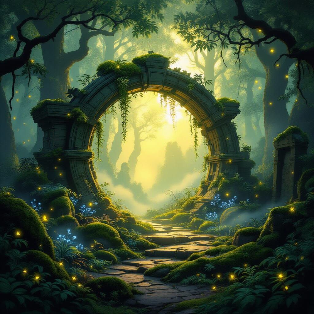 Glowing Portal in Mystical Forest with Bioluminescent Flora