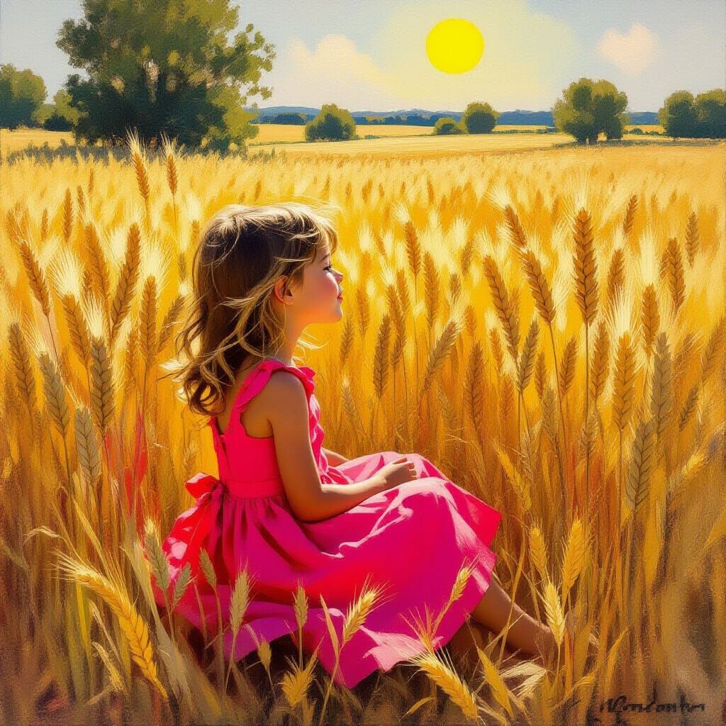 Girl in Pink Dress in Sunlit Wheat Field