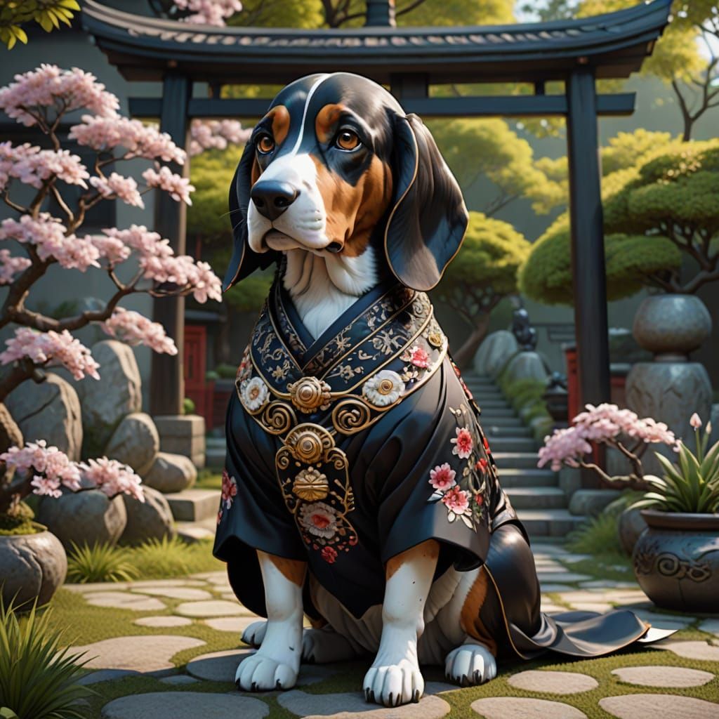 Geisha Basset Hound in Zen Garden