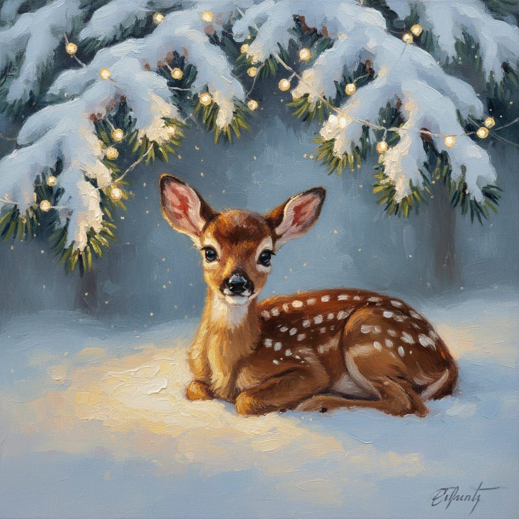 Impressionist Oil Painting of Fawn in Snowy Forest