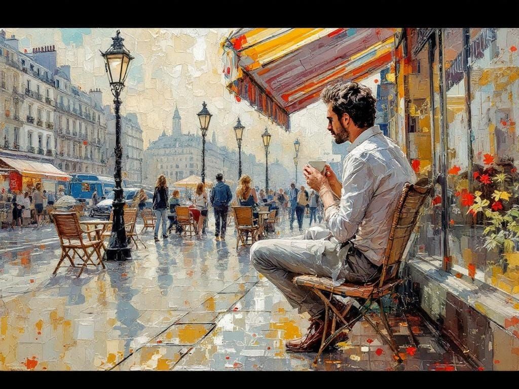 Parisian Cafe Scene in Encaustic Impressionist Style