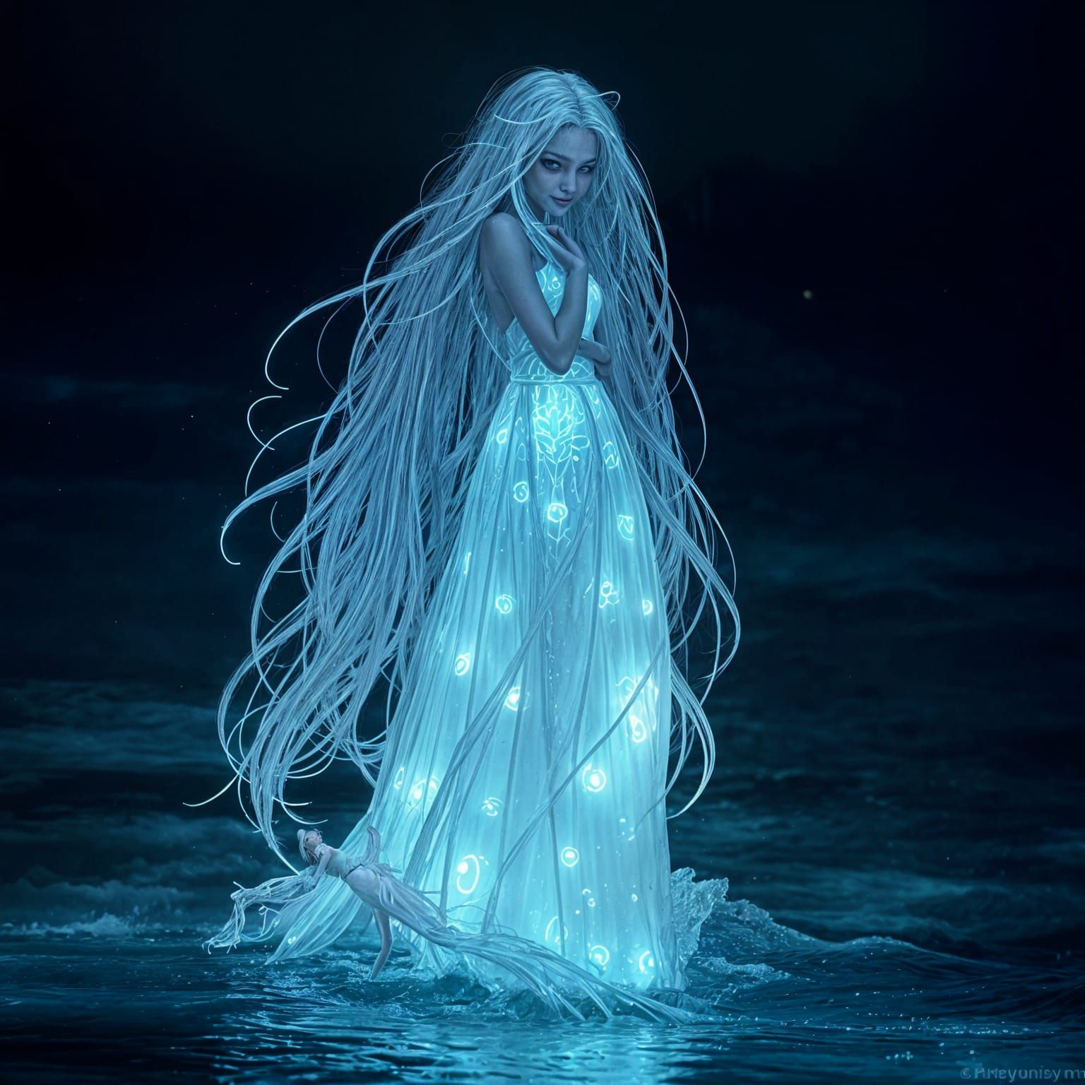 Cybernetic Ice Demon in Bioluminescent Ocean