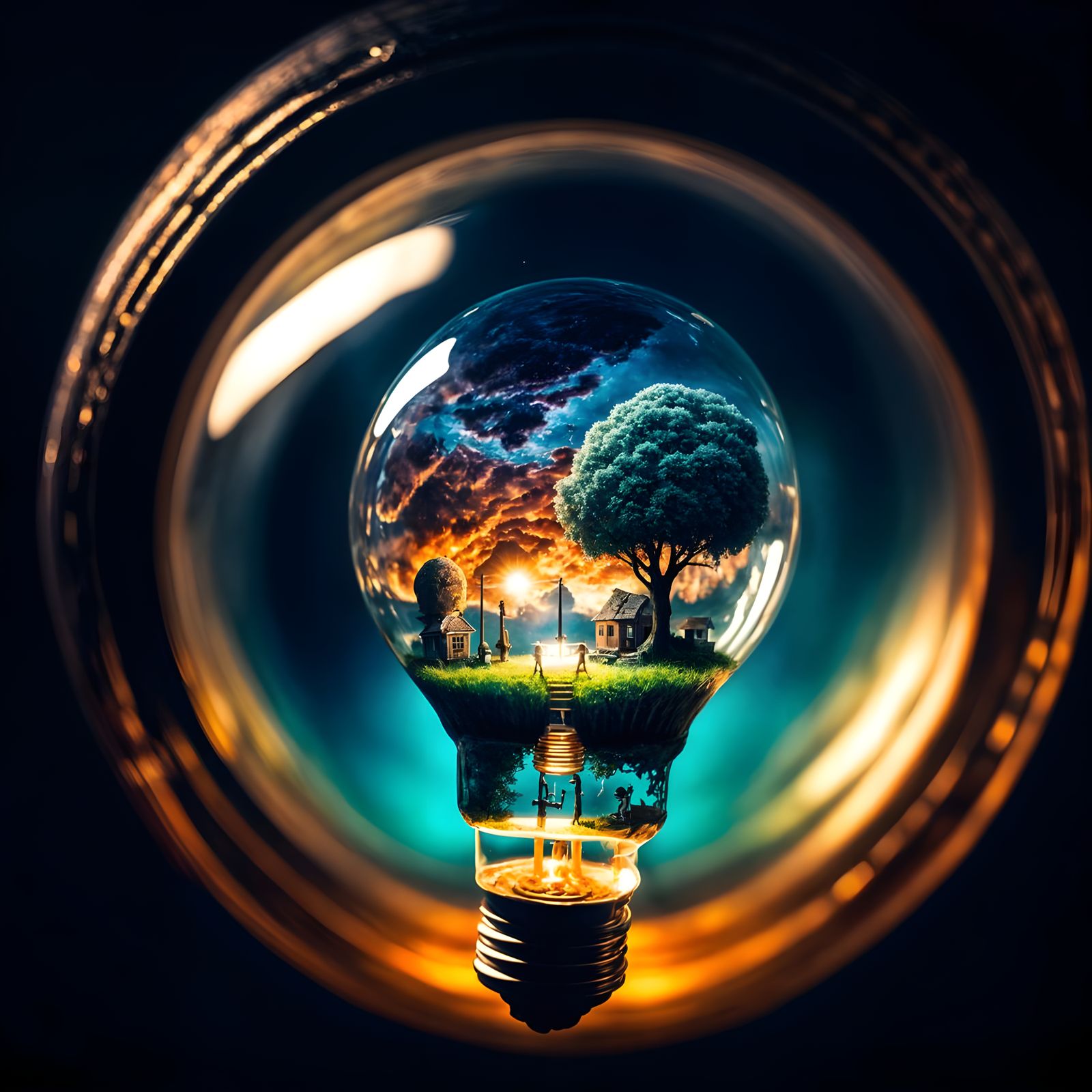 World in a Lightbulb Charcoal Drawing