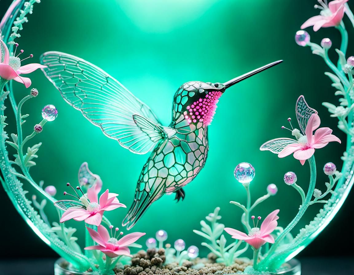 Crystal Hummingbird with Bioluminescent Butterflies