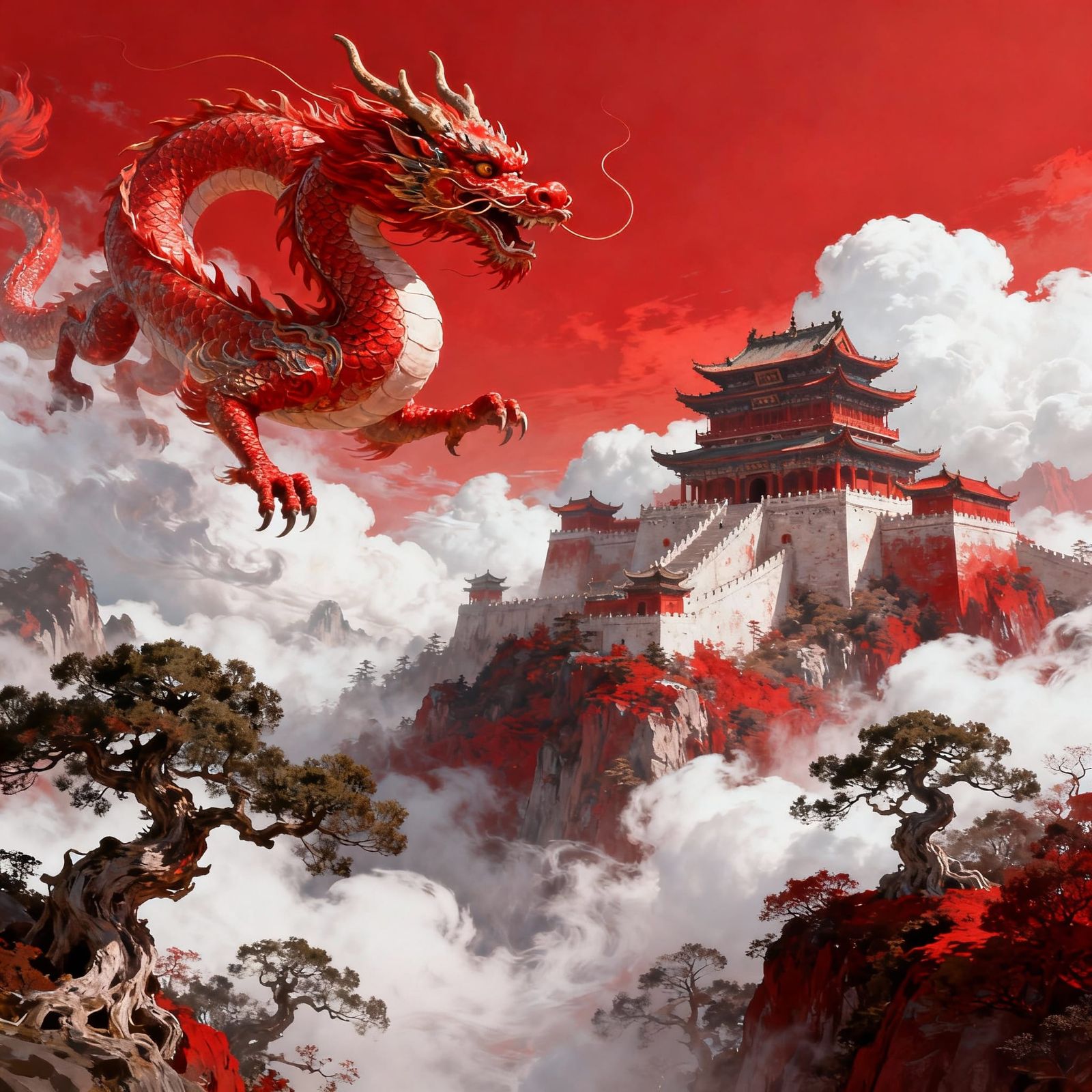Majestic Chinese Dragon Over Mystical Landscape
