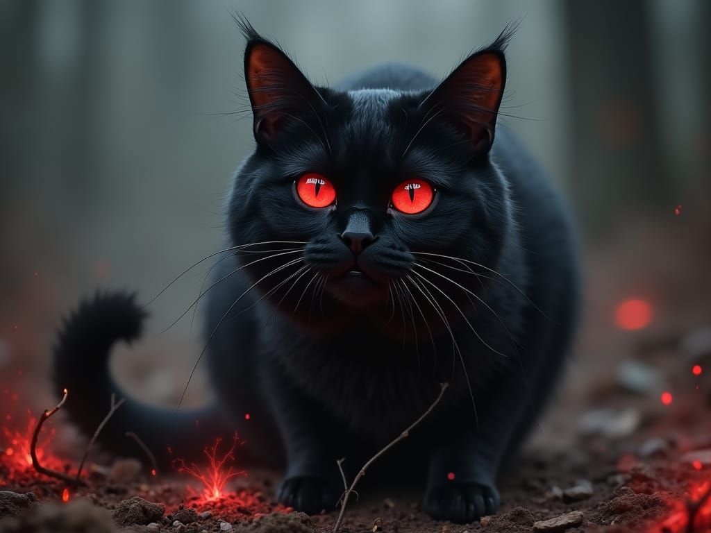 Demonic Black Cat with Ancient Wings in Dark Surreal Style
