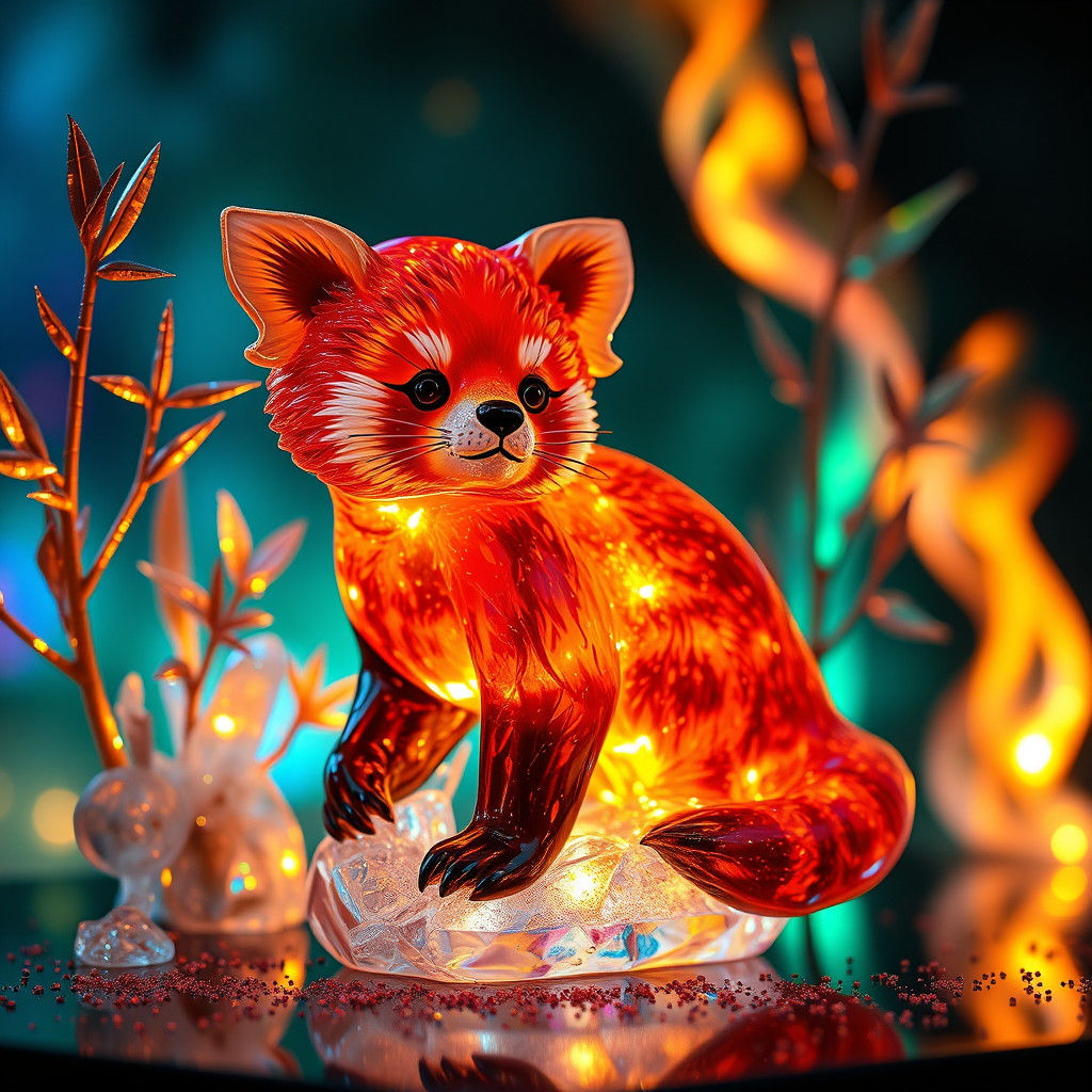 Fiery Glass Red Panda Statue, Fantasy Concept Art