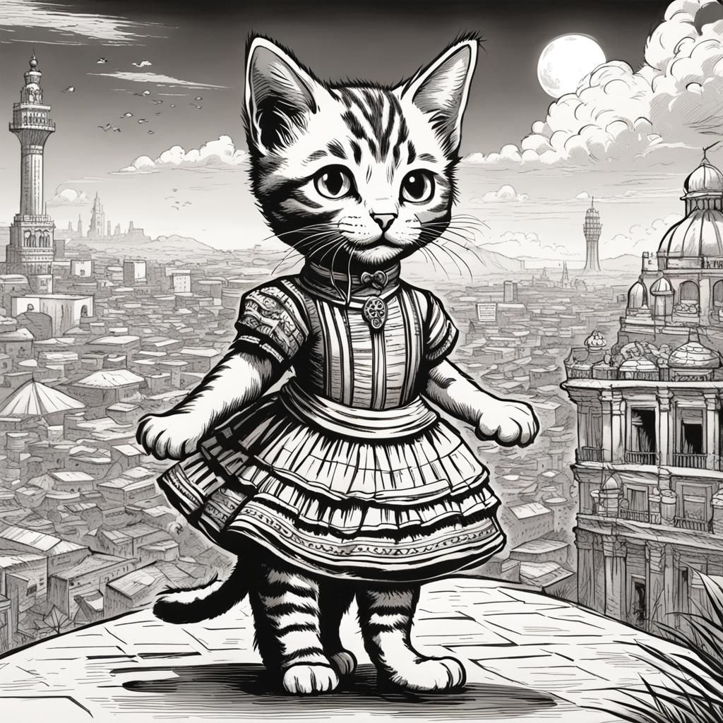 Kitten Visits Mexico City: Black and White Drawing