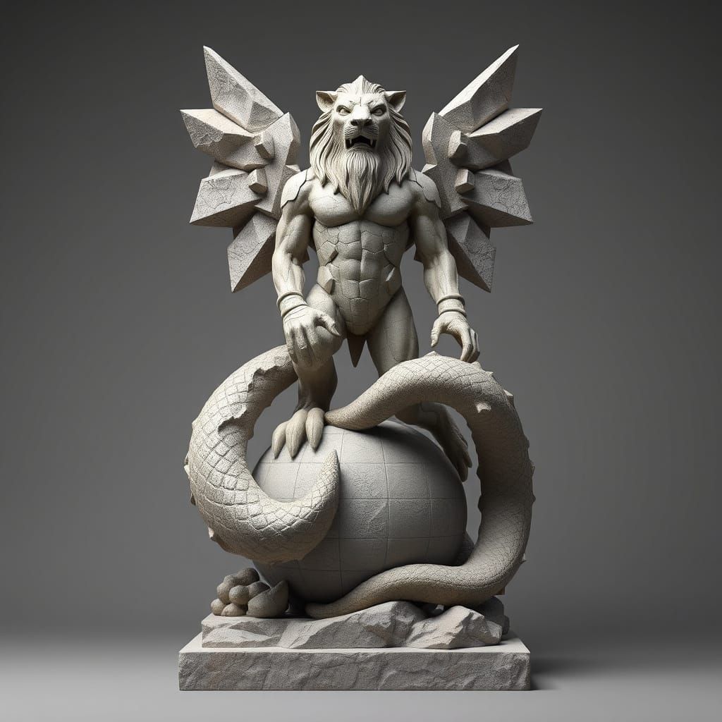 Cubist Statue of Ahriman, Brutalist-Inspired, 3D Realistic