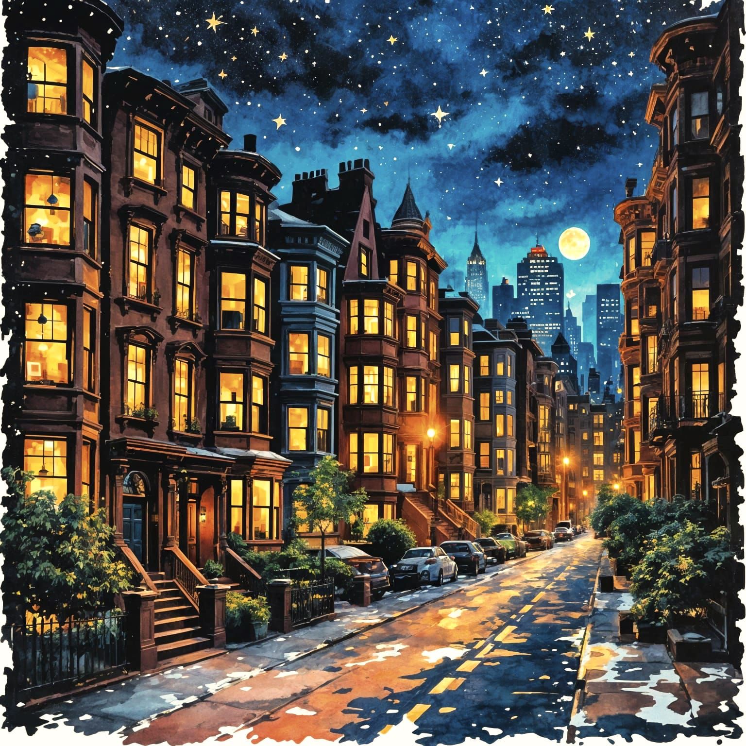 Manhattan Brownstones in Impasto Watercolor Style