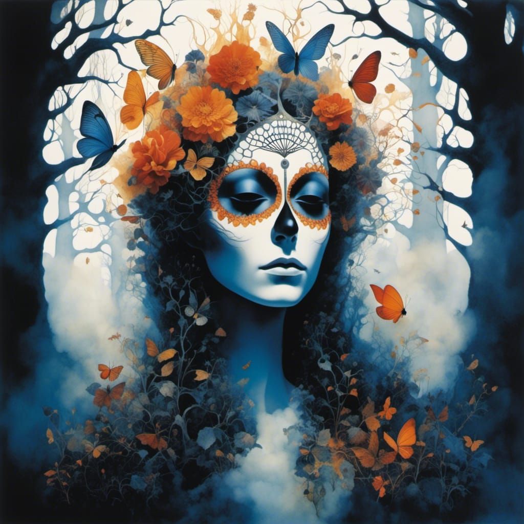 <lora:Fairy Belles:1.0> Tree Of Life growing into a Mexican Sugar Skull Angel rising out of forest fire ashes