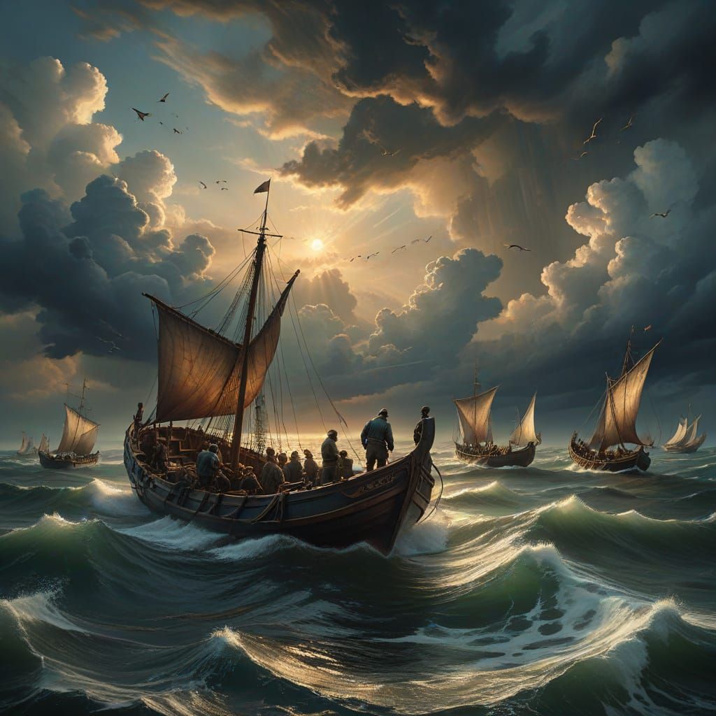 Mannerist Fishermen at Sea in Dramatic Matte Painting Style