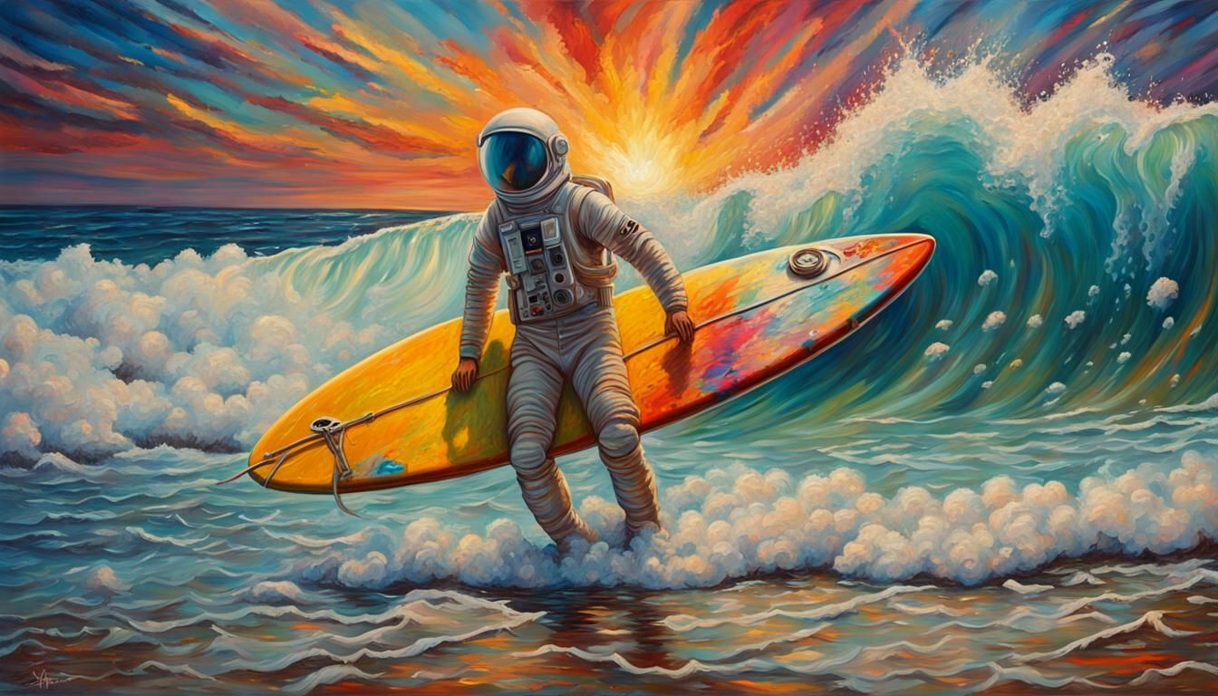 Astronaut on Rocket Surfboard: Hyperrealistic Splash Art