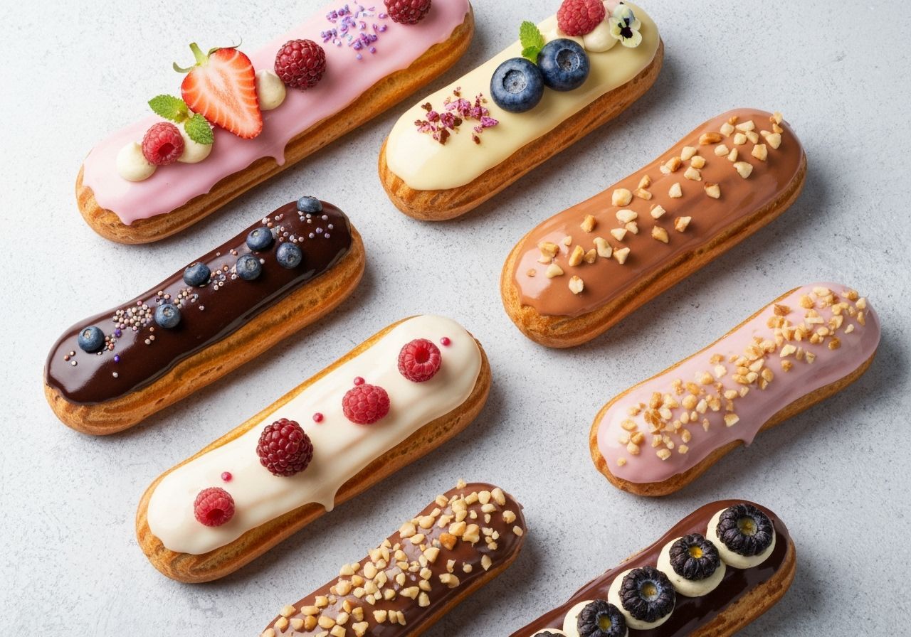 Gourmet Eclairs with Varied Toppings Display