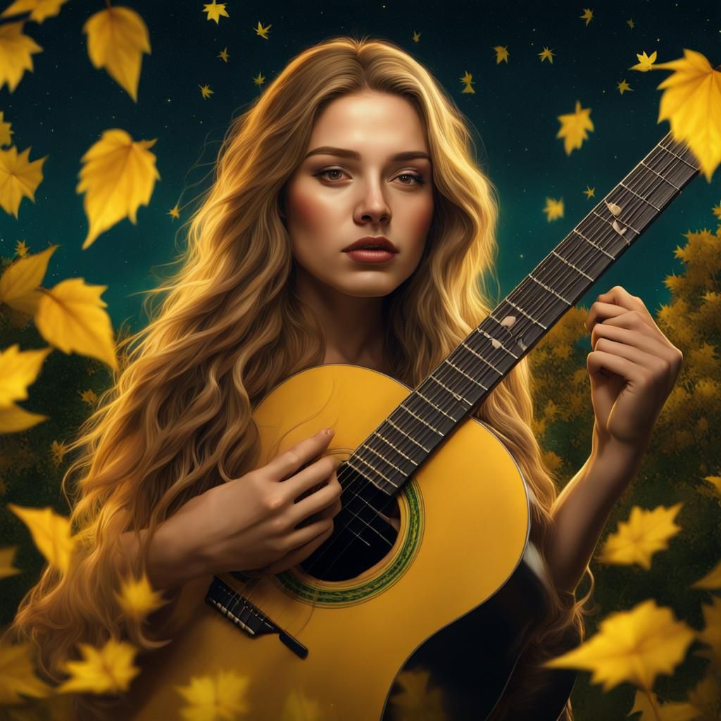 Beautiful Singer in Autumnal Starry Night, Photorealistic