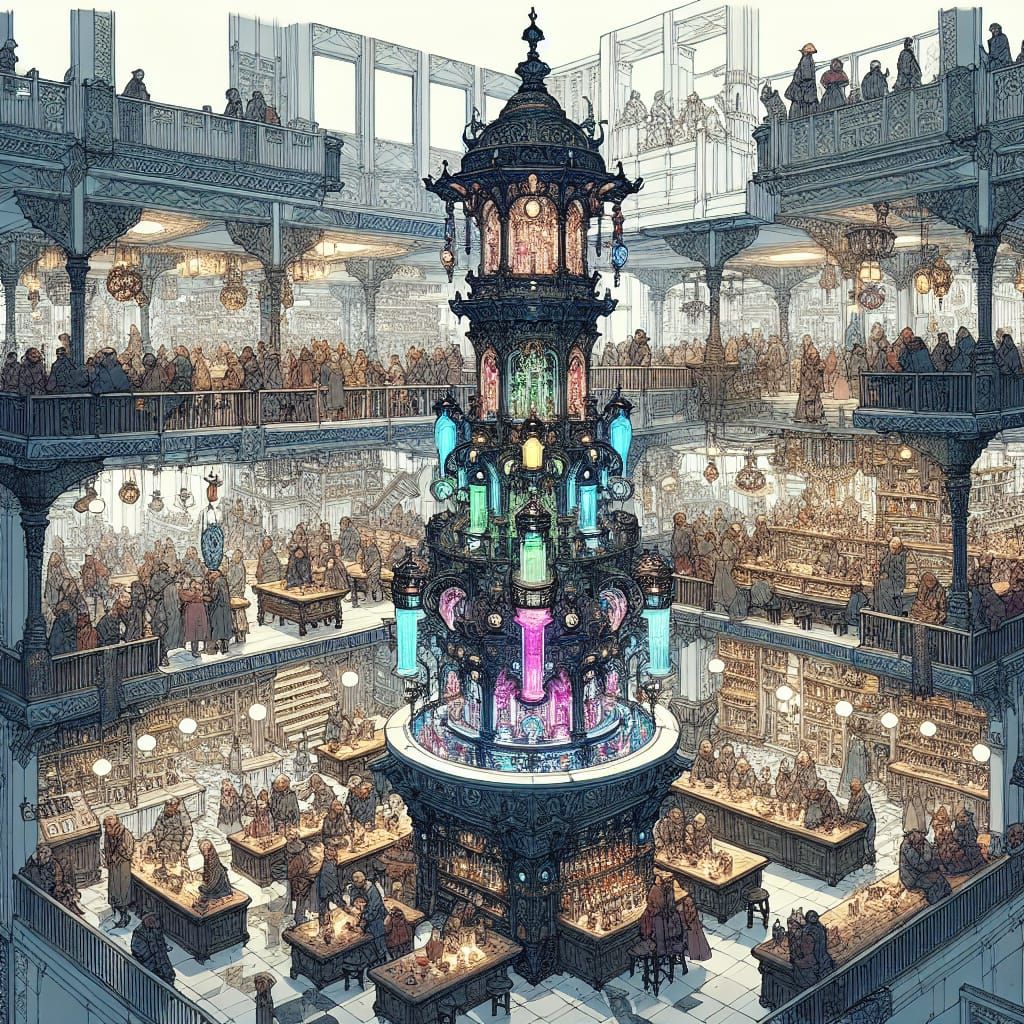 Bustling Fantasy Tavern with Magical Drink Dispenser