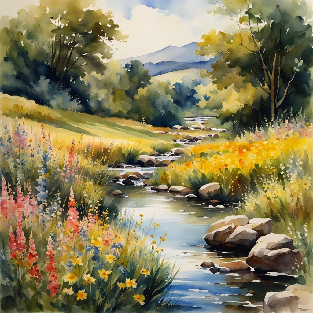 Watercolor Valley Landscape in Anime Style