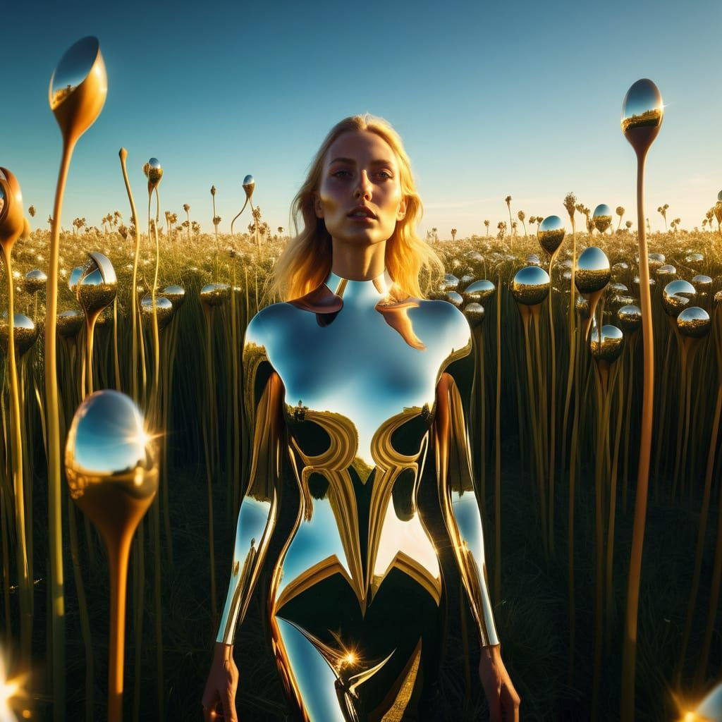 Golden Goddess Reflected in Mirrored Beauty