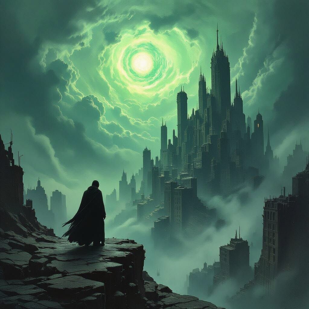 Weary Man Overlooks Crumbling City Under Green Sky