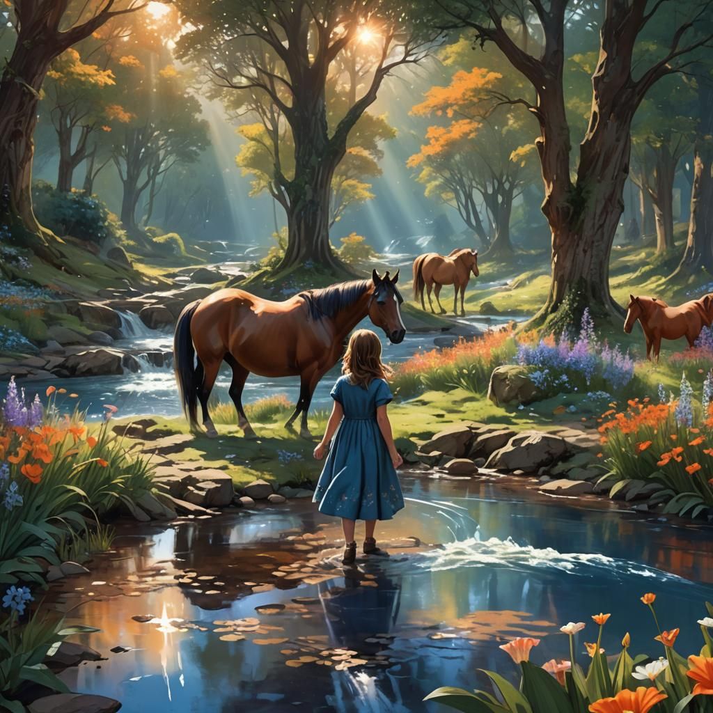 Girl with Horses in Fantastical Landscape Art