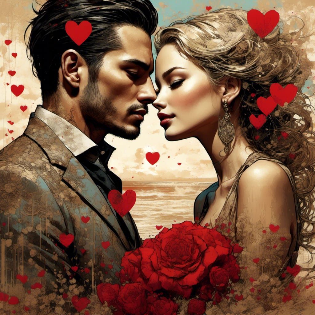 Romantic Beach Scene in Vintage Illustration Style