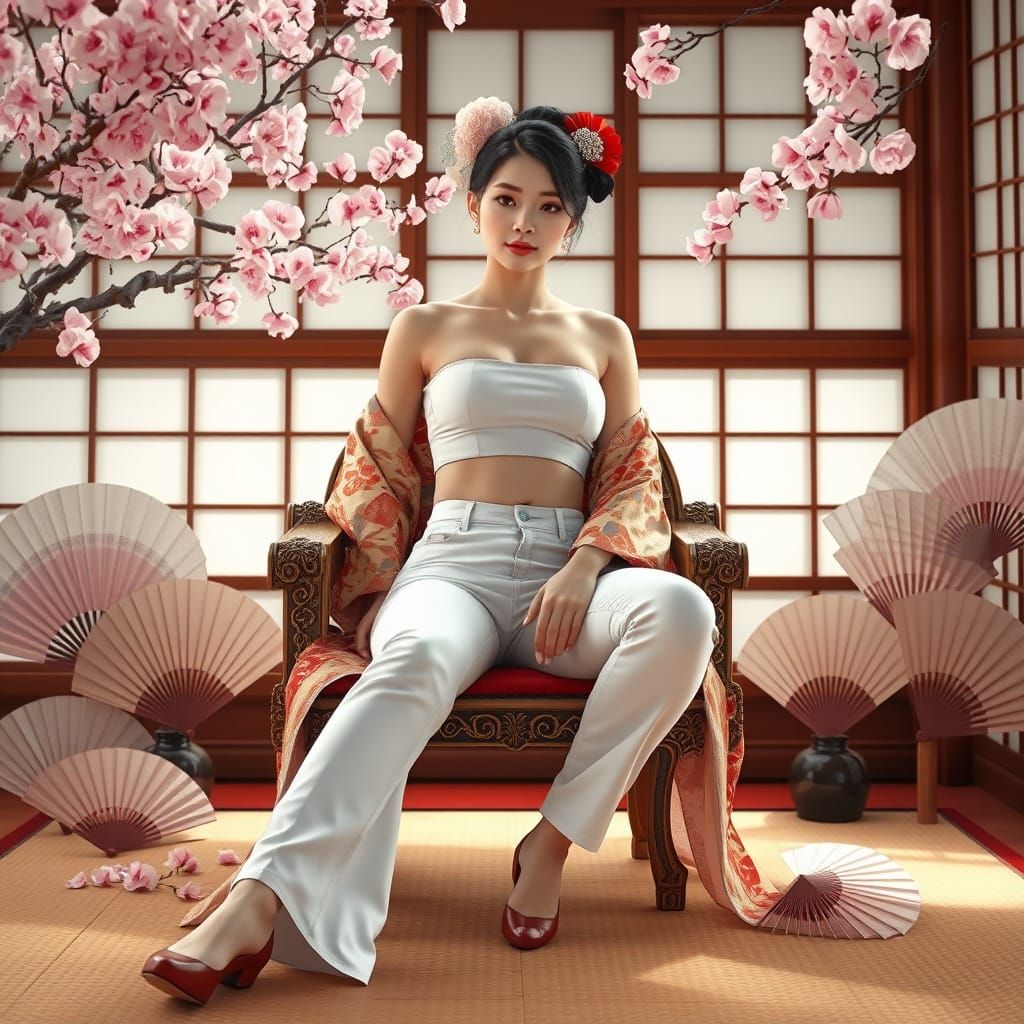 Confident Geisha in Modern Attire with Cherry Blossoms