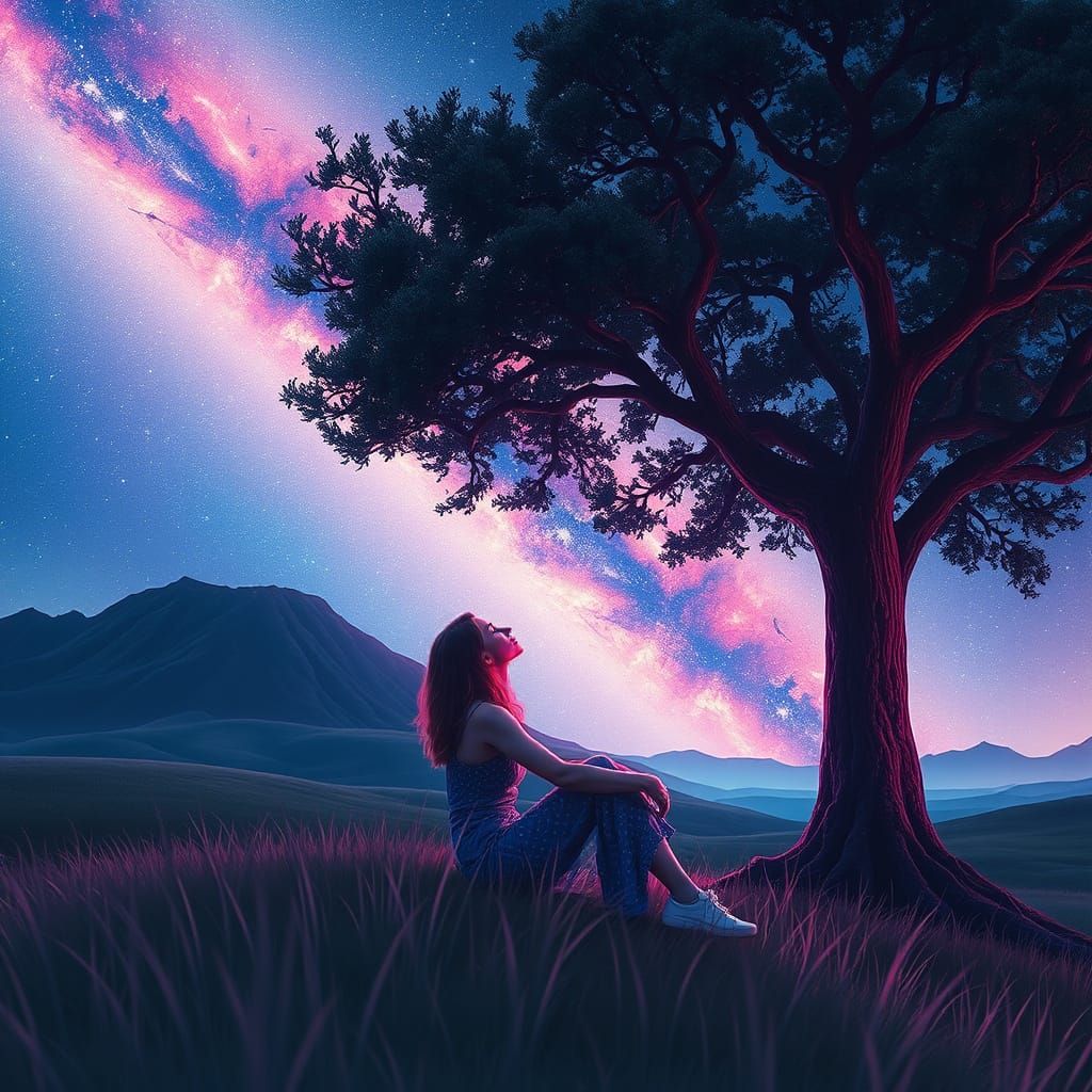 Woman Stargazing Under Tree, Surreal Landscape