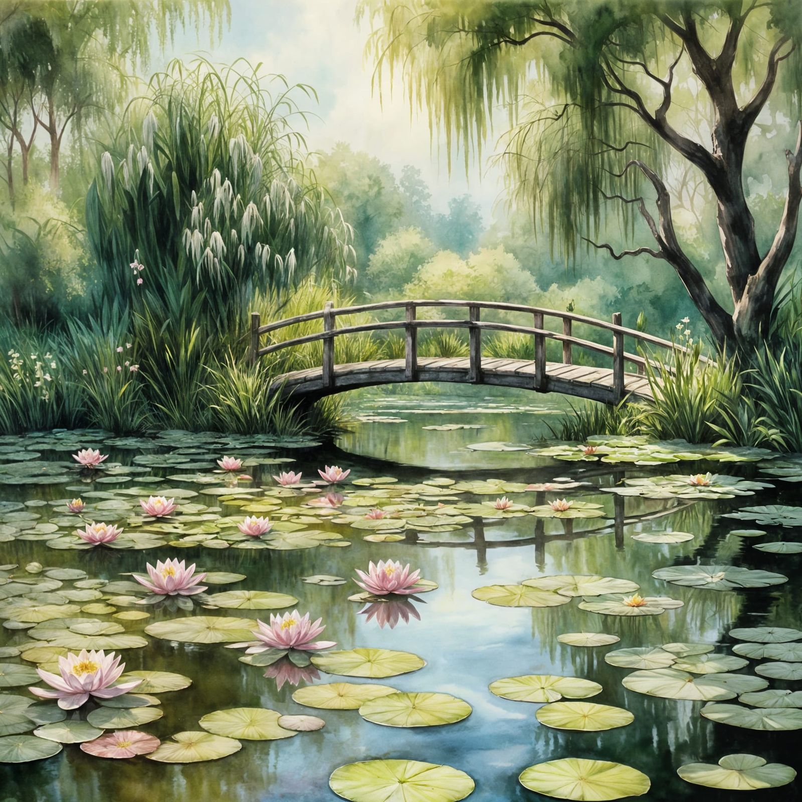 Water Lilies and Bridge in Rackham-Kinkade Style
