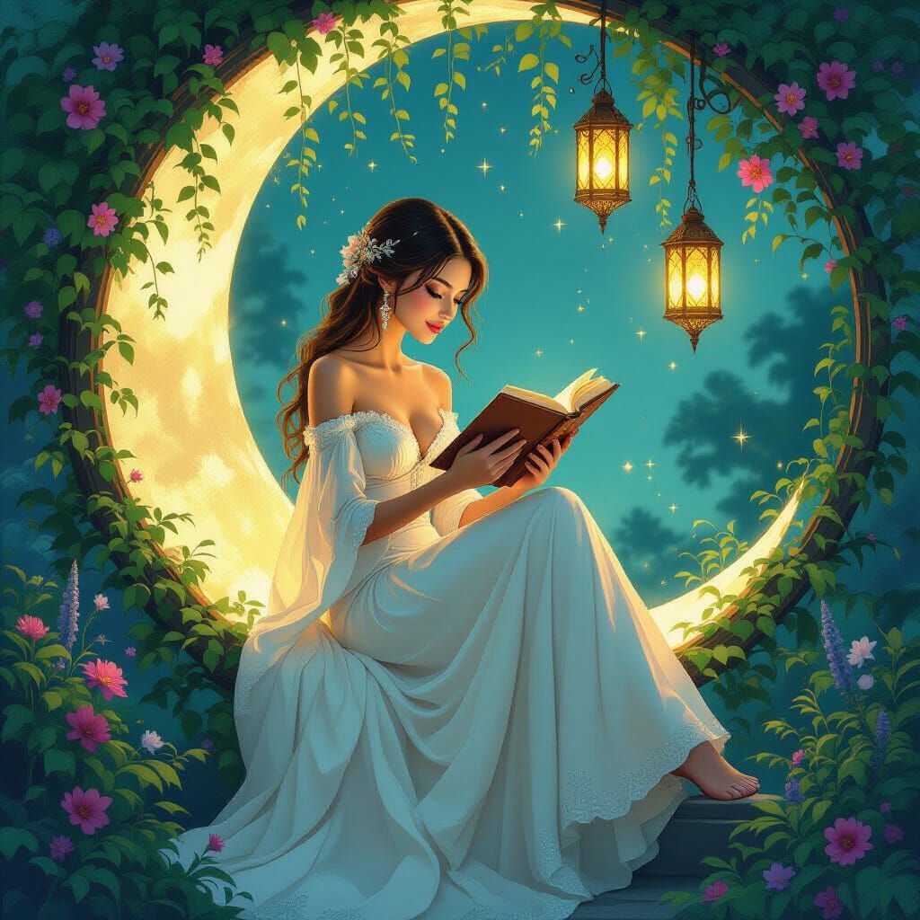 Woman Reading on Moon in Fantasy Setting