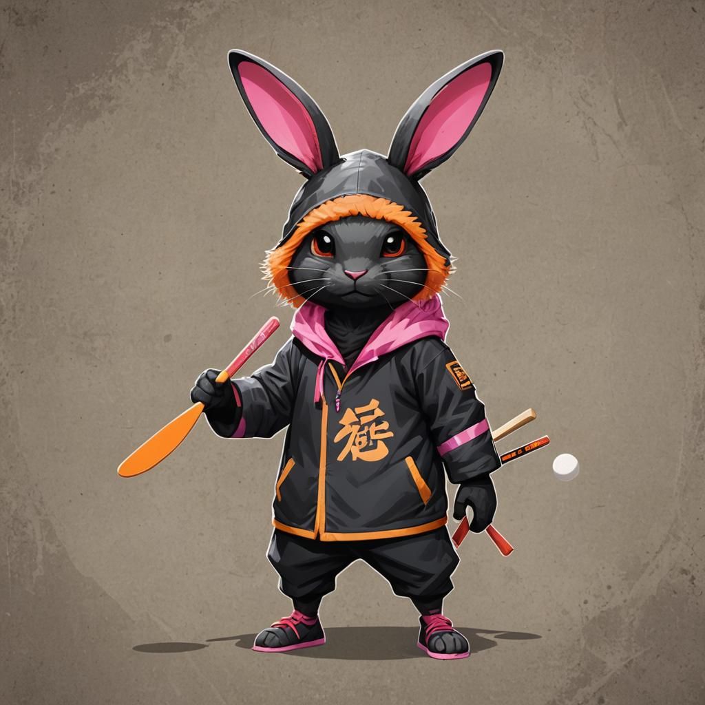 Ninja Rabbit with Sign in Chaotic Setting