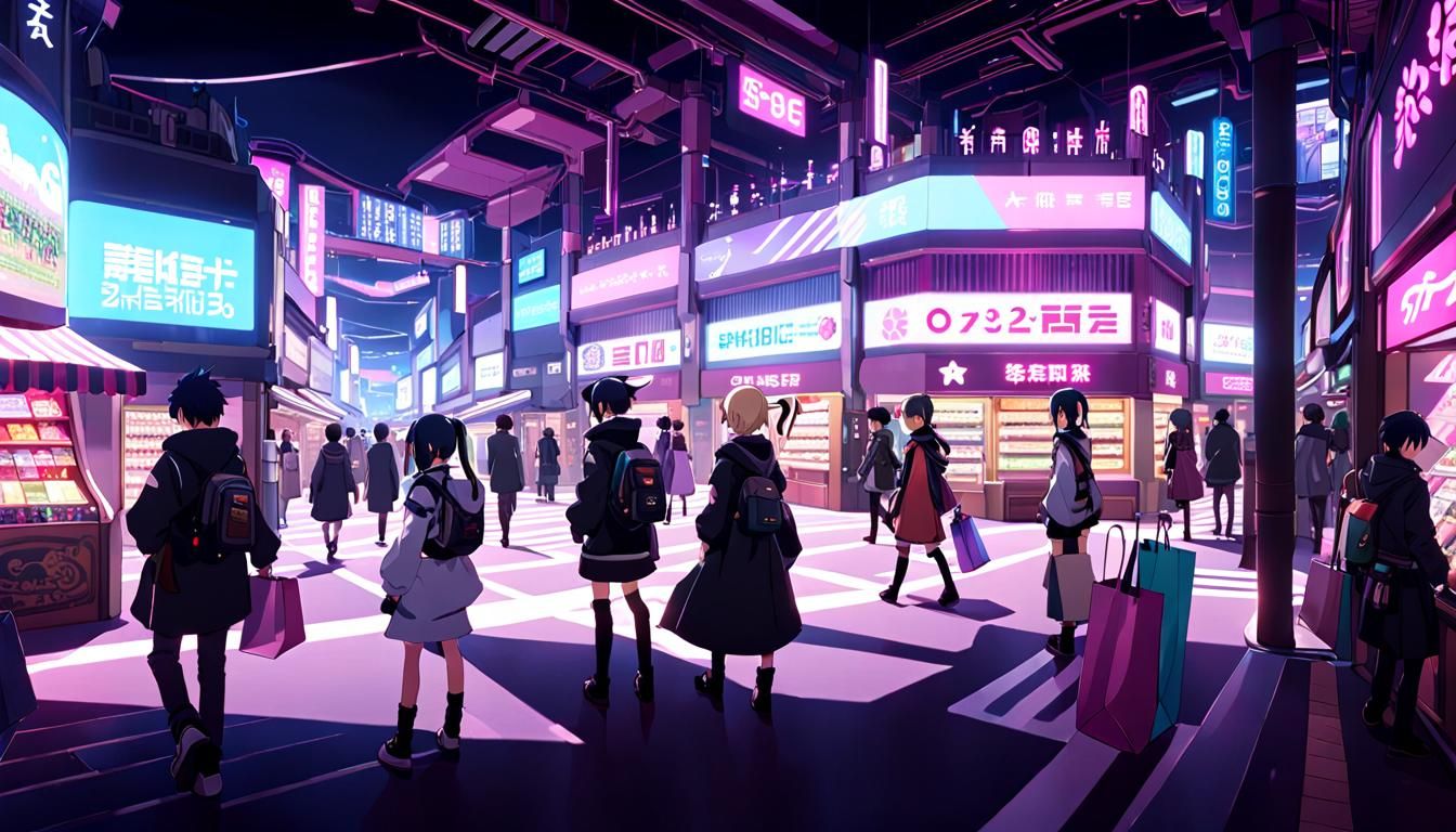 Cyberpunk Night Mall in Striking Anime Style