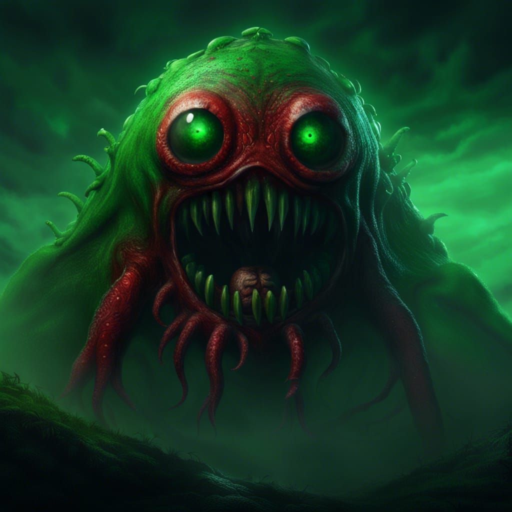 Red Lovecraftian Horror Creature in Green Mist