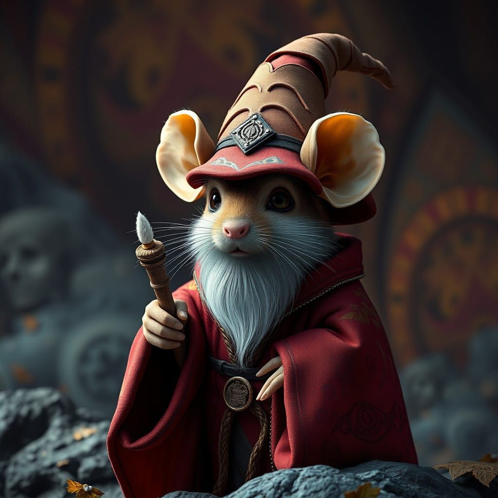 Whimsical Mouse Wizard in Vibrant Fantasy Landscape