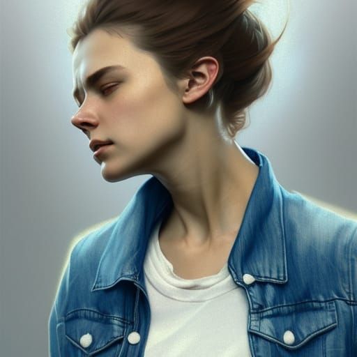 girl in denim jacket walking in the wind