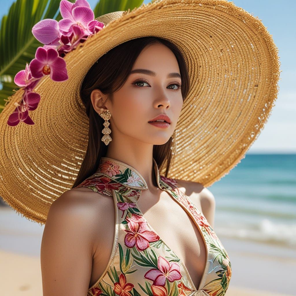 Woman in Orchid Hat on Tropical Beach