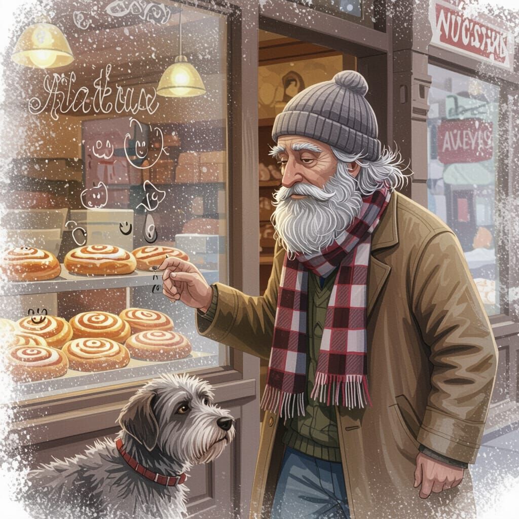 Man Drawing on Bakery Window in Mixed Media Style