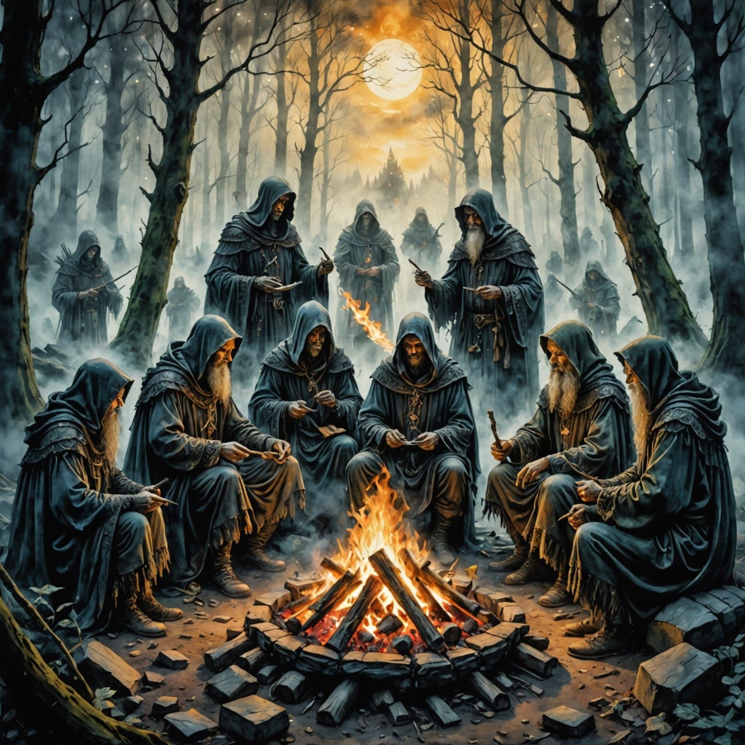 Mysterious Spirits Converse in a Haunted Forest at Dusk