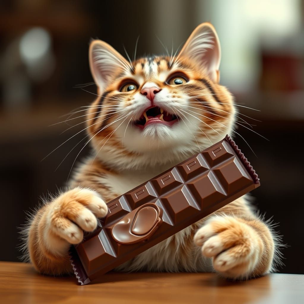 Cat Holding Chocolate Bar in Vintage Ad Style