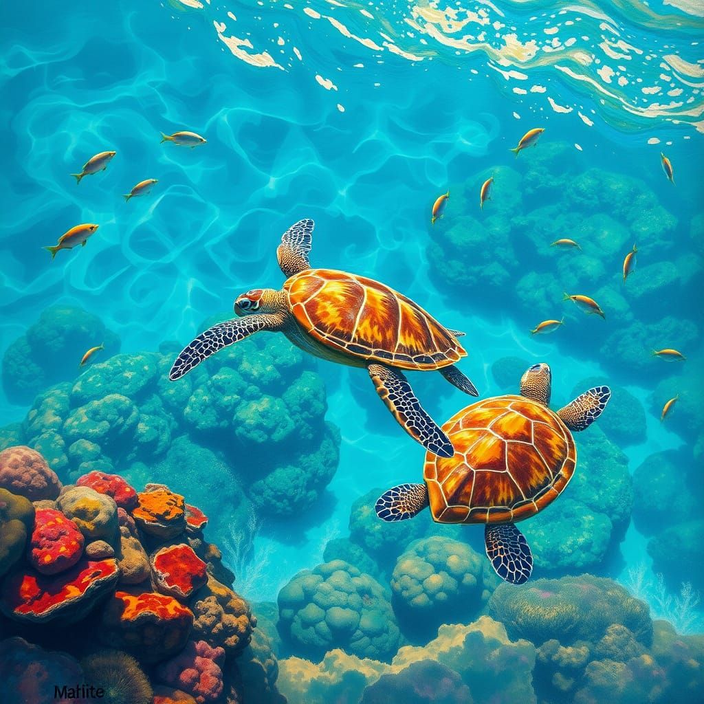 Sea Turtles in Dreamy Impressionist Waters
