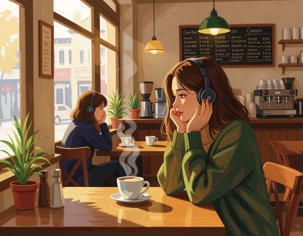 Eavesdropping Woman in Coffee Shop, Impressionistic Style