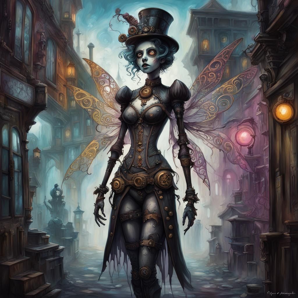 Haunted clockwork  villsge, Steampunk houses, , ghosts, ghosts  ,apparitions in the steam vapor, graffiti art, splash ar...