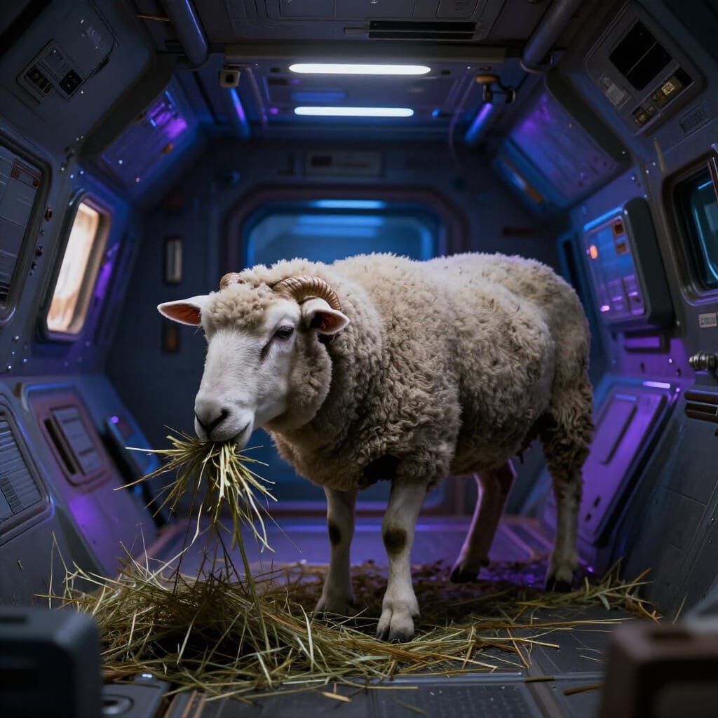 Photorealistic Sheep in Spaceship with Cinematic Lighting
