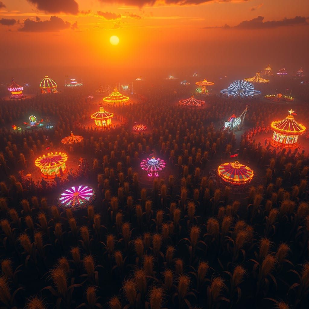 Surreal Corn Maze Illuminated by Carnival Rides under Golden...