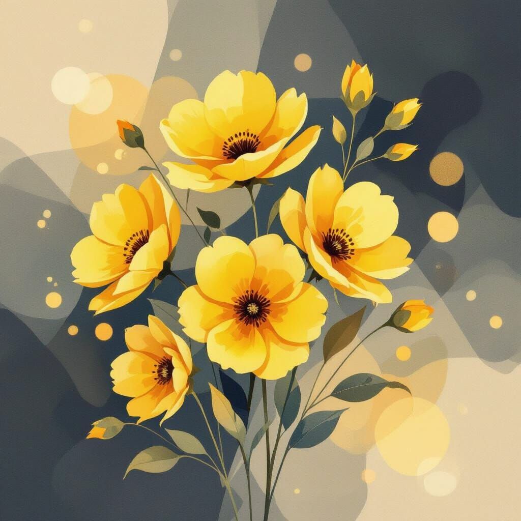 Yellow Watercolor Flowers with Bokeh and Geometric Design
