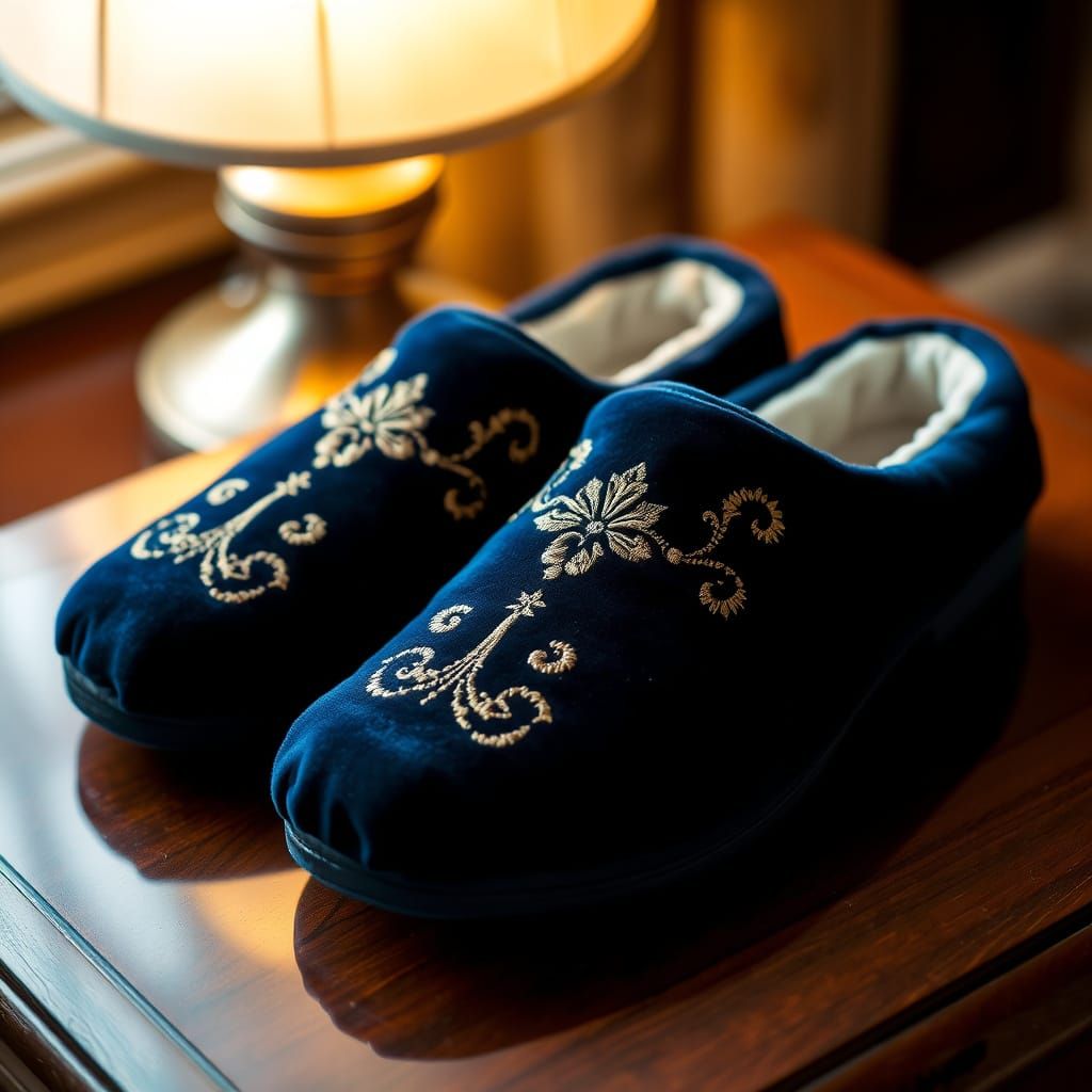 Luxurious Navy Velvet Slippers with Gold Embroidery