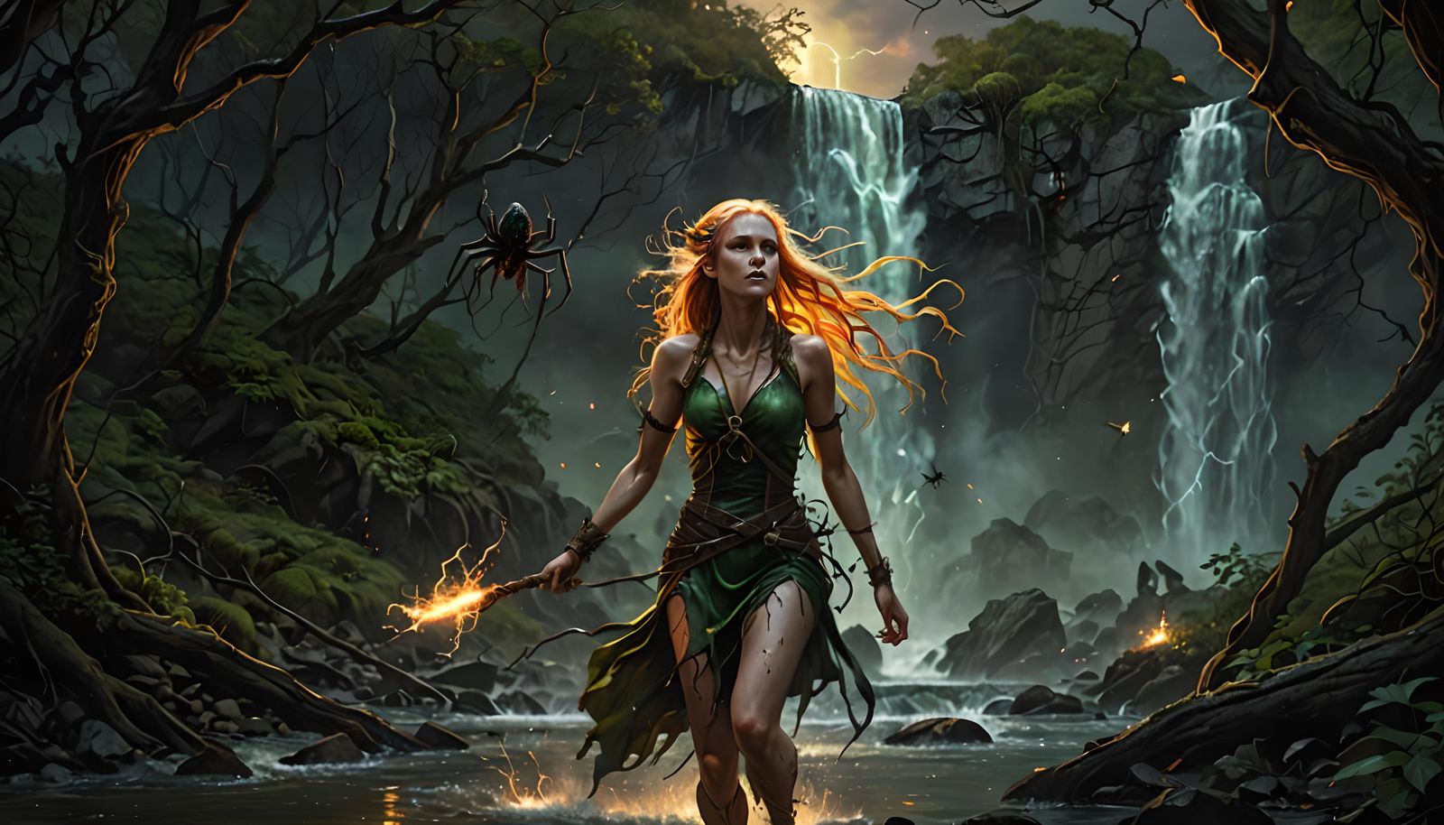 Hyperrealistic, Mirkwood , waterfall, rainbow, fire flies , wildlife , Elf goth woman, a beatiful apparition savage beau...