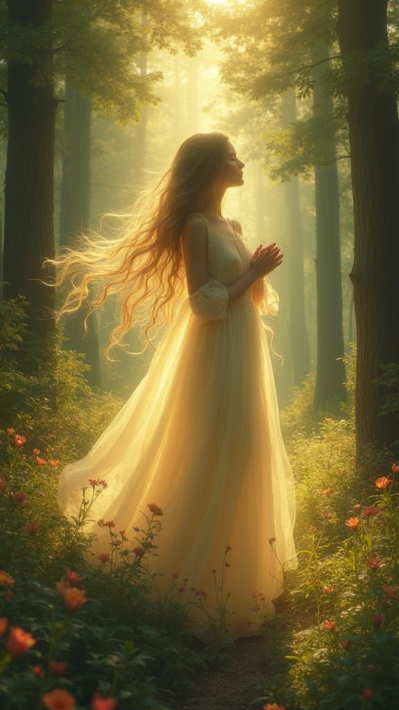 Mystical Woman Follows Unseen Presence in Lush Forest