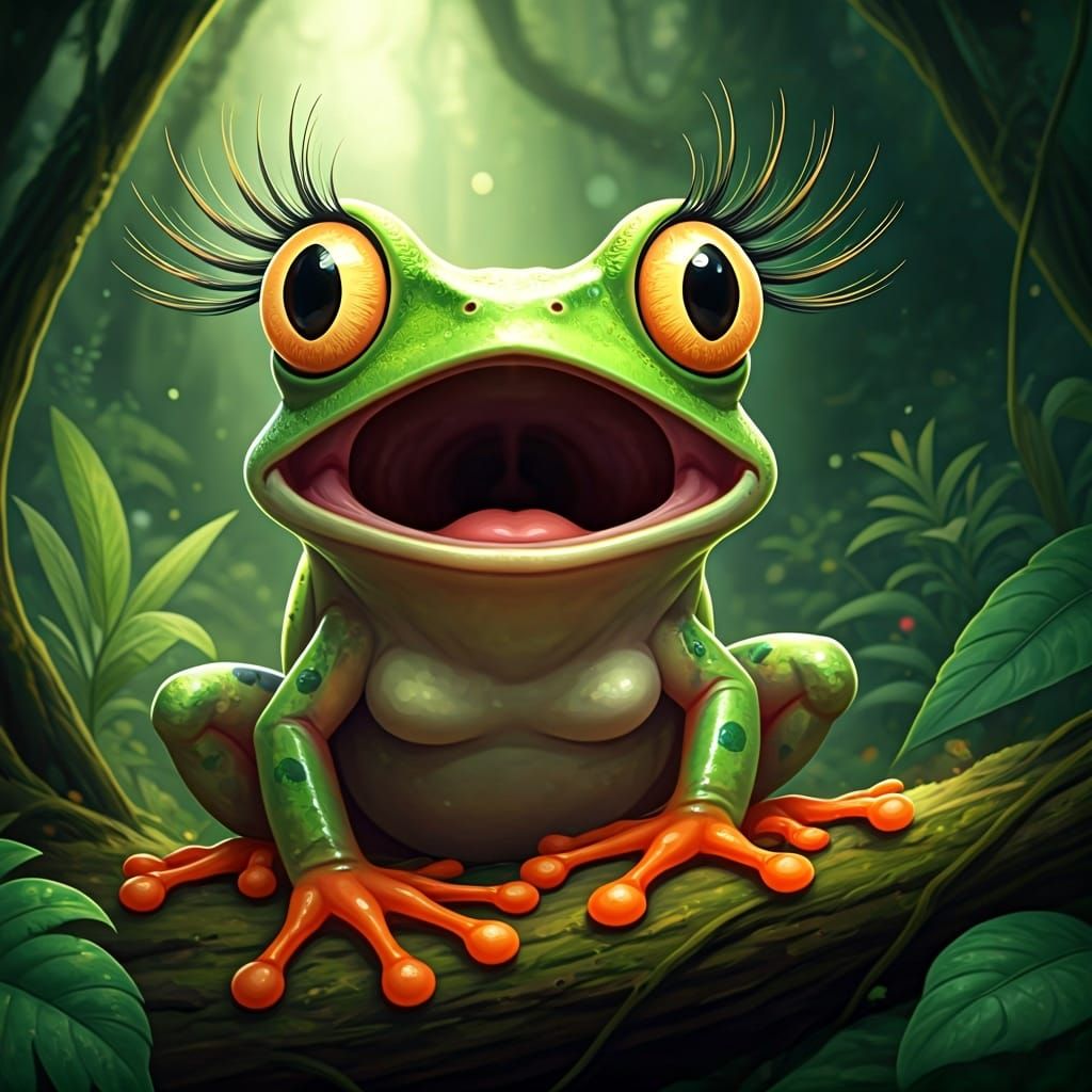 Surprised Frog and Curious Cat in Lush Forest