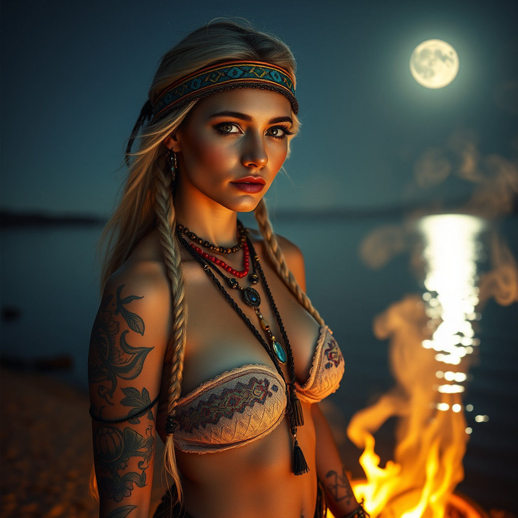 Native American Woman with Yellow Eyes by Lake